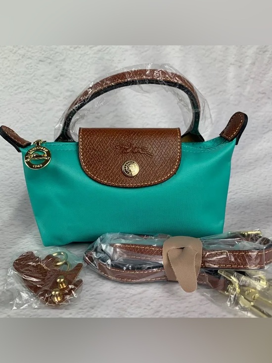 Longchamp Handbags - Longchamp Small Top-Handle Mini Bag in Teal with Brown Trim